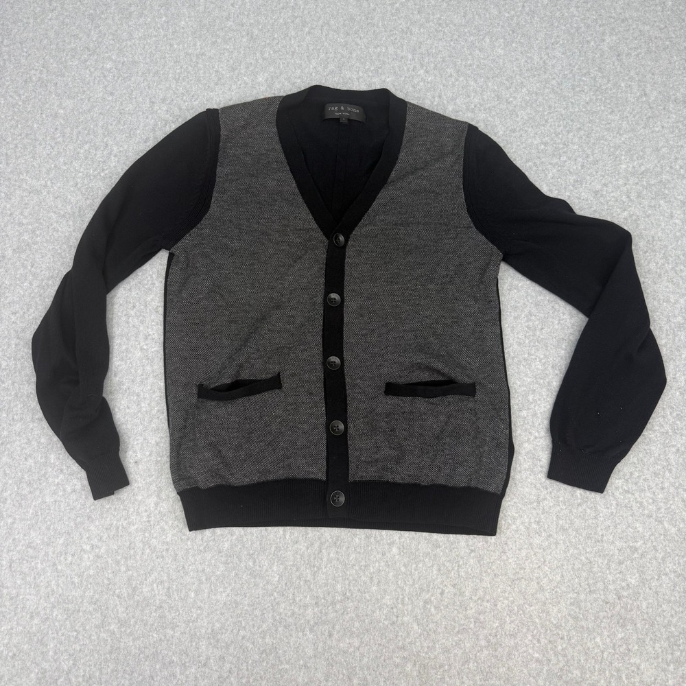 Rag & Bone Men's Cardigan Sweater Small Black Grey Button Front V-Neck Knit
